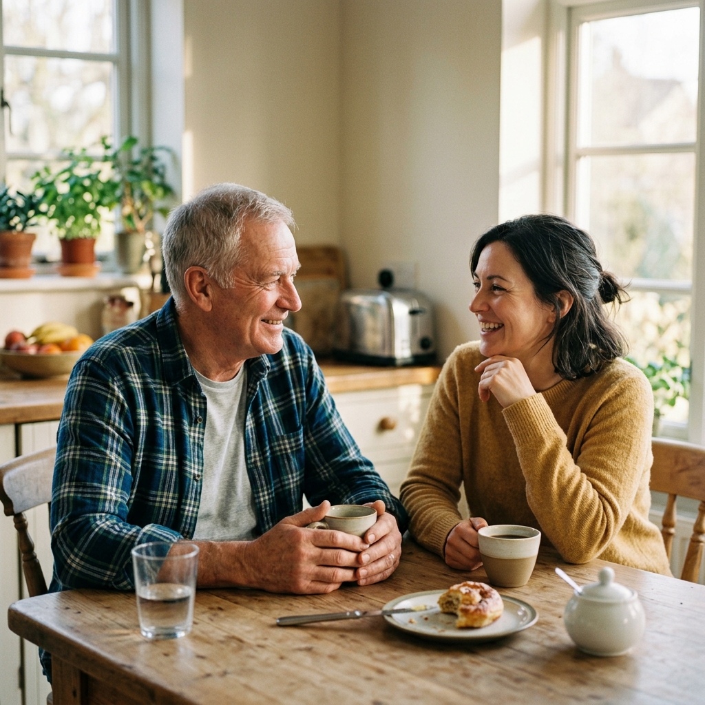 Senior man enjoying a relaxed conversation with family at home
